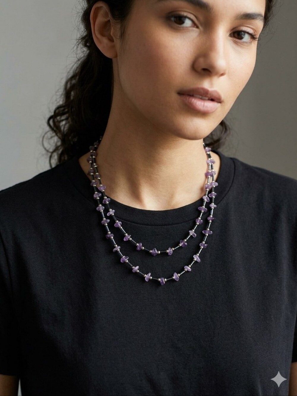 Handmade Amethyst Gemstone Chip & Metallic Bugle Bead Boho Strand Necklaces 2pcs